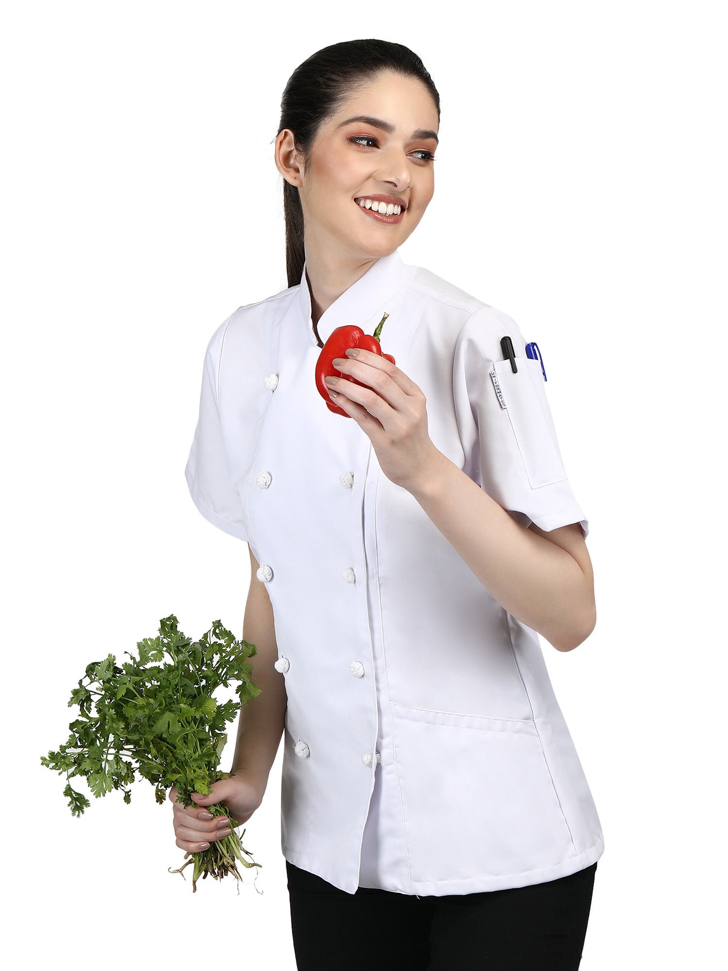 Short Sleeves Knotted Cloth Buttons Women Chef Coat Jacket Uniform ideal for food service, Caterers and Culinary professional – White